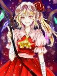  artist_name ascot bandages blonde_hair flandre_scarlet hat laevatein light_particles open_mouth red_eyes ribbon rosette_(roze-ko) short_hair side_ponytail sketch smile solo touhou wings 