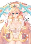  blonde_hair blue_eyes blush breasts cleavage dress fur_trim headdress hsuliherng large_breasts long_hair puzzle_&amp;_dragons sakuya_(p&amp;d) shiny shiny_skin shynee_(p&amp;d) signature solo sweatdrop very_long_hair when_you_see_it 