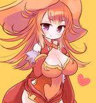  bare_shoulders blush breasts cleavage covered_navel dress fur_trim hat heart laila_(p&amp;d) large_breasts long_hair marshmallow_mille no_nose orange_dress orange_hair purple_eyes puzzle_&amp;_dragons simple_background smile solo wizard_hat yellow_background 