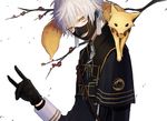  animal animal_on_shoulder aquacrown000 armor black_gloves earrings fox fox_shadow_puppet gloves japanese_armor jewelry magatama magatama_earrings male_focus mask menpoo nakigitsune nakigitsune's_fox necklace silver_hair touken_ranbu uniform upper_body white_background yellow_eyes 