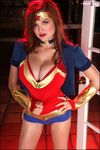  bracelet breasts cleavage clevage clothes_grab cosplay dc_comics gloves hands_on_hips jewelry large_breasts lipstick makeup open_blouse open_shirt photo shirt tessa_fowler tiara underwear wonder_woman wonder_woman_(series) 
