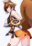  1girl ahoge animal_ears ass black_gloves blazblue breasts brown_hair eyebrows_visible_through_hair fingerless_gloves gloves gousaikoo highres large_breasts looking_to_the_side makoto_nanaya nipples open_mouth orange_eyes short_hair sketch solo squirrel_ears squirrel_tail standing tail thighhighs tonfa weapon 