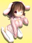  :3 alternate_breast_size animal_ears blush bottomless breasts brown_hair bunny_ears cleavage clothes_tug ecou from_above inaba_tewi large_breasts looking_at_viewer meme_attire one_eye_closed open-chest_sweater red_eyes short_hair simple_background sitting solo sweater sweater_tug thighhighs touhou turtleneck v wariza white_legwear yellow_background 