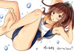  armpits bare_legs bare_shoulders barefoot blue_swimsuit blush brown_eyes brown_hair cameltoe feet hair_ornament i-401_(kantai_collection) ichikawa_feesu kantai_collection open_mouth ponytail soles solo swimsuit toes 