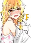  1girl artist_name blonde_hair blush bow braid dressing embarrassed food_print from_side hair_bow kirisame_marisa long_hair mushroom_print no_hat no_headwear open_mouth rosette_(roze-ko) simple_background sketch solo touhou twitter_username upper_body wavy_mouth white_background yellow_eyes 