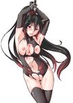  bdsm black_hair black_legwear blush bondage bound breasts chain cosmic_break cuffs handcuffs harukon_(halcon) large_breasts long_hair nipples open_mouth ouka_(cosmic_break) ponytail red_eyes simple_background solo tears thighhighs torn_clothes very_long_hair white_background 