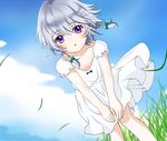  alternate_costume blue_eyes braid cloud day dress izayoi_sakuya no_hat no_headwear rosette_(roze-ko) short_hair silver_hair solo touhou twin_braids wind younger 