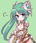  armor artemis_(p&amp;d) bare_shoulders bikini_armor blue_eyes blush breasts cleavage diamond_(shape) gauntlets green_background green_hair large_breasts long_hair marshmallow_mille no_nose ponytail puzzle_&amp;_dragons simple_background sitting solo 