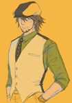  cabbie_hat eizan_(yoidesyou) facial_hair goatee hand_in_pocket hat kaburagi_t_kotetsu looking_at_viewer male_focus orange_background smile solo tiger_&amp;_bunny vest 