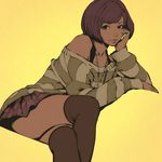  bare_shoulders beads bob_cut brown_hair chin_rest contrast crossed_legs ilya_kuvshinov jewelry lips long_sleeves looking_at_viewer necklace off_shoulder original pleated_skirt short_hair simple_background skirt solo thighhighs yellow_background 