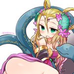  =_= animal ass bare_shoulders blush breasts circlet cleavage flower giant_snake gradient gradient_background green_eyes hair_flower hair_in_mouth hair_ornament hair_rings long_hair marshmallow_mille medium_breasts meimei_(p&amp;d) mouth_hold no_nose off_shoulder puzzle_&amp;_dragons smile snake solo turtle_shell twitter_username 