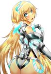  :o angela_balzac armor ass bangs bare_shoulders blonde_hair blue_eyes blunt_bangs blush breasts cowboy_shot elbow_gloves from_behind gloves hair_ornament halterneck head_tilt headgear highres large_breasts leotard lipstick long_hair looking_at_viewer looking_back low_twintails makeup norman_maggot open_mouth rakuen_tsuihou simple_background solo twintails vambraces very_long_hair white_background 
