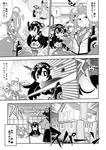  anger_vein apologizing bottle chibi chop comic commentary destruction dougi eating fan folding_fan greyscale hand_up head_bump heart heart_in_mouth highres houshou_(kantai_collection) imagining jun'you_(kantai_collection) kantai_collection kisaragi_shin'ichi monochrome multiple_girls nagato_(kantai_collection) seiza sitting sparkle translated younger 