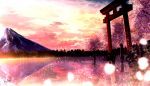  absurdres blurry bokeh cloud cloudy_sky commentary_request depth_of_field fantasy forest highres huge_filesize kumeki_(kk4615) lake light_particles mountain nature no_humans original outdoors reflection scenery signature sky torii tree water yellow_sky 