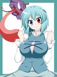  arms_up blue_eyes blue_hair blush border breasts bursting_breasts cleavage commentary_request geta head_tilt heterochromia juliet_sleeves karakasa_obake large_breasts long_sleeves puffy_sleeves red_eyes simple_background smile solo tatara_kogasa tongue touhou umbrella white_background zefyu 