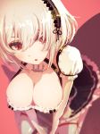  1girl anchor azur_lane bangs blush breasts choker cleavage collarbone hair_between_eyes hairband lace-trimmed_hairband large_breasts looking_at_viewer minyom puffy_sleeves red_eyes ribbon short_hair short_sleeves sidelocks sirius_(azur_lane) solo white_hair 