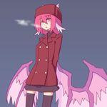  alternate_costume animal_ears arms_behind_back blue_background breath coat contemporary double-breasted hat kakinoki_mikan_(kari) looking_away low_wings mystia_lorelei open_mouth pink_eyes pink_hair short_hair simple_background skirt solo thighhighs touhou wings winter_clothes zettai_ryouiki 