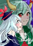  artist_name bow character_name dual_persona ex-keine green_hair hat horn_ribbon horns kamishirasawa_keine long_hair open_mouth red_eyes ribbon rosette_(roze-ko) silver_hair smile touhou 