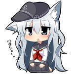  anchor_symbol animal_ears blue_eyes cat_ears chibi commentary_request hands_on_lap hat hibiki_(kantai_collection) horosho jitome kantai_collection kemonomimi_mode long_hair school_uniform seiza serafuku silver_hair simple_background sitting solo triangle_mouth twumi very_long_hair white_background 