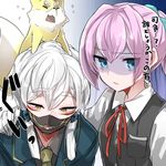  1boy 1girl animal animal_on_head armor blue_eyes crossover earrings fox gloves japanese_armor jewelry kantai_collection mask menpoo naki_gitsune_(touken_ranbu) nakigitsune nakigitsune's_fox necktie pink_hair ponytail school_uniform shiranui_(kantai_collection) short_hair silver_hair takeshima_(nia) touken_ranbu uniform yellow_eyes 