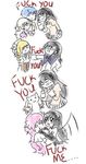  akemi_homura akuma_homura black_eyes black_hair blush english frown hairband hug kaname_madoka kyubey long_hair magical_girl mahou_shoujo_madoka_magica mahou_shoujo_madoka_magica_movie middle_finger miki_sayaka momoe_nagisa multiple_girls naughty_face pink_hair profanity school_uniform short_hair simple_background skirt sparkling_eyes spoilers tomoe_mami twintails ultimate_madoka upper_body white_background white_hair yuri 