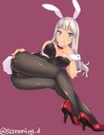  :q animal_ears ass bad_id bad_twitter_id bare_shoulders black_legwear blue_eyes breasts breasts_apart bunny_ears bunny_tail bunnysuit detached_collar fake_animal_ears grey_hair hairband hand_to_own_mouth high_heels jpeg_artifacts kyuuso_inukami long_hair looking_at_viewer lying medium_breasts on_side original pantyhose silver_hair simple_background solo tail tongue tongue_out twitter_username wrist_cuffs 