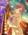  artist_request blue_eyes blurry bokeh brick_wall brown_hair candle cloud coat depth_of_field dutch_angle houndstooth idolmaster idolmaster_cinderella_girls jpeg_artifacts lamppost looking_at_viewer manaka_misato official_art pavement short_hair sky smile solo source_request umbrella unmoving_pattern water 