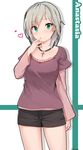  anastasia_(idolmaster) aqua_eyes blush breasts character_name cross deneb_(noble324) earrings hand_to_own_mouth heart highres idolmaster idolmaster_cinderella_girls jewelry long_sleeves looking_at_viewer medium_breasts pendant short_hair shorts silver_hair smile solo thighs 