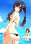  ass ball beachball bikini black_hair brown_eyes highres hirasawa_yui k-on! long_hair multiple_girls nakano_azusa swimsuit takocha twintails 