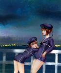  after_the_outing against_railing blue_eyes blurry brown_eyes brown_hair clothes_writing cowboy_shot depth_of_field hat kantai_collection leaning_back leaning_forward lips long_sleeves looking_at_another looking_to_the_side multiple_girls neckerchief night no_pants nose outdoors parted_lips railing realistic sailor_collar sailor_hat short_hair smile z1_leberecht_maass_(kantai_collection) z3_max_schultz_(kantai_collection) 