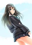  brown_hair cardigan fujipo green_eyes highres idolmaster idolmaster_cinderella_girls long_hair necktie school_uniform shibuya_rin skirt solo 