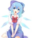  blue_eyes blue_hair bow bowtie cirno collarbone dress hair_bow heart heart-shaped_pupils highres ice ice_wings looking_at_viewer looking_up negiko open_mouth puffy_short_sleeves puffy_sleeves short_sleeves simple_background sitting solo symbol-shaped_pupils touhou v_arms wariza white_background wings 