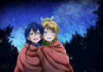  :d ayase_eli blonde_hair blue_eyes blue_hair bow hair_bow love_live! love_live!_school_idol_project multiple_girls night night_sky open_mouth outdoors ponytail shared_blanket sky smile sonoda_umi star_(sky) starry_sky suito yellow_eyes 