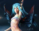  artist_name blue_hair bodypaint breasts bug butterfly hatsune_miku hayden_mackenzie insect long_hair navel nipples nude realistic signature simple_background small_breasts solo vocaloid wings 
