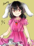  animal_ears artist_name black_hair bunny_ears carrot carrot_necklace dated dress highres inaba_tewi jewelry pendant pink_dress red_eyes rosette_(roze-ko) short_hair smile solo touhou 