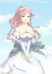  2015 alternate_costume bangs bare_shoulders blue_sky braid breasts cleavage cloud dated day dress fire_emblem fire_emblem:_kakusei hairband hands_together kona_(silent913) large_breasts long_hair olivia_(fire_emblem) pink_eyes pink_hair ponytail sky smile solo twin_braids wedding_dress 