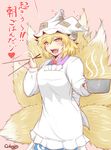  apron blonde_hair casserole chopsticks commentary cube85 fang fox_tail hat highres kappougi multiple_tails open_mouth pillow_hat pot smile solo tail touhou yakumo_ran yellow_eyes 