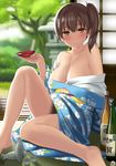  alcohol alternate_costume arm_support backlighting bare_shoulders blurry blush bottle breasts brown_eyes brown_hair cleavage collarbone cup depth_of_field drunk floral_print hal_2001lop91 highres holding indoors japanese_clothes kaga_(kantai_collection) kantai_collection kimono large_breasts light_smile looking_at_viewer obi off_shoulder on_floor sakazuki sash side_ponytail sitting solo stone_lantern tree wine_bottle 