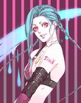  blue_hair braid breasts highres jinx_(league_of_legends) later_(chiyating) league_of_legends lipstick long_hair makeup pink_eyes twin_braids 