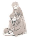  :o ^_^ bangs barefoot blush child closed_eyes emiya_kiritsugu emiya_shirou facial_hair fate/stay_night fate_(series) father_and_son greyscale hands_in_opposite_sleeves hands_on_another's_shoulders indian_style japanese_clothes kimono long_sleeves looking_at_another massage monochrome multiple_boys pants plantar_flexion shirt simple_background sitting standing stubble sweatdrop t-shirt taa_(acid) white_background 