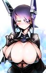  bikini black_gloves blush breasts breasts_outside covered_nipples eyepatch fingerless_gloves front-tie_top gloves headgear highres huge_breasts kagami_uekusa kantai_collection looking_at_viewer md5_mismatch micro_bikini necktie open_clothes purple_hair school_uniform short_hair solo swimsuit tears tenryuu_(kantai_collection) yellow_eyes 