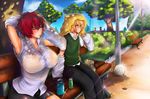  3girls absurdres blonde_hair blue_eyes breasts can cloud cloudy_sky day denizen_tomo green_eyes highres huge_breasts multiple_girls original red_hair scenery sky sweat sweater_vest tree volleyball wet wet_clothes 