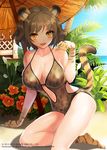  animal_ears arm_support breasts brown_hair cleavage collarbone fang flower large_breasts leaf looking_at_viewer million_arthur_(series) navel one-piece_swimsuit short_hair shuen solo swimsuit tail yellow_eyes 