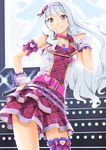  check_my_note collar cowboy_shot dress garters hairband idol idolmaster idolmaster_(classic) idolmaster_one_for_all long_hair looking_at_viewer microphone miri_(ago550421) shijou_takane smile solo wavy_hair white_hair wrist_cuffs 