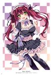  :d absurdres anapom black_legwear breasts cleavage dress fang frilled_dress frilled_legwear frills green_eyes hairband highres large_breasts lolita_fashion lolita_hairband long_sleeves mismatched_legwear open_mouth red_hair smile solo thighhighs twintails 