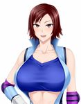  blush breasts brown_eyes brown_hair center_opening cleavage collarbone do_konjouuo elbow_pads gloves huge_breasts kazama_asuka looking_at_viewer open_mouth short_hair solo sports_bra tekken upper_body white_background 