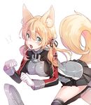  1girl anchor_hair_ornament animal_ears aqua_eyes bent_over black_skirt blonde_hair blush fox_ears fox_tail gloves hair_between_eyes hair_ornament hat hat_removed headwear_removed kantai_collection kemonomimi_mode long_hair long_sleeves looking_at_viewer md5_mismatch military military_uniform open_mouth peaked_cap pleated_skirt prinz_eugen_(kantai_collection) shuri_(84k) skirt solo tail thighhighs twintails uniform white_background white_gloves 