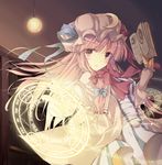  album_cover book bookshelf capelet coat cover crescent dress grimoire hasuga_sea hat long_hair long_sleeves magic_circle mob_cap open_clothes open_coat patchouli_knowledge pink_eyes pink_hair solo striped striped_dress touhou very_long_hair 