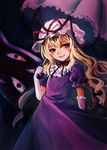  asada_ryou blonde_hair bow choker commentary_request curiosities_of_lotus_asia dress elbow_gloves eyes flat_chest gap gloves hair_bow hat hat_ribbon highres lolikari long_hair looking_to_the_side mob_cap open_mouth purple_dress purple_eyes red_eyes ribbon ribbon_choker smile solo touhou umbrella white_gloves yakumo_yukari 