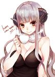  2015 bad_id bad_pixiv_id bare_shoulders breasts brown_eyes cleavage cup dress happy_new_year horns large_breasts new_year original sheep_girl silver_hair smile solo teacup teroru 